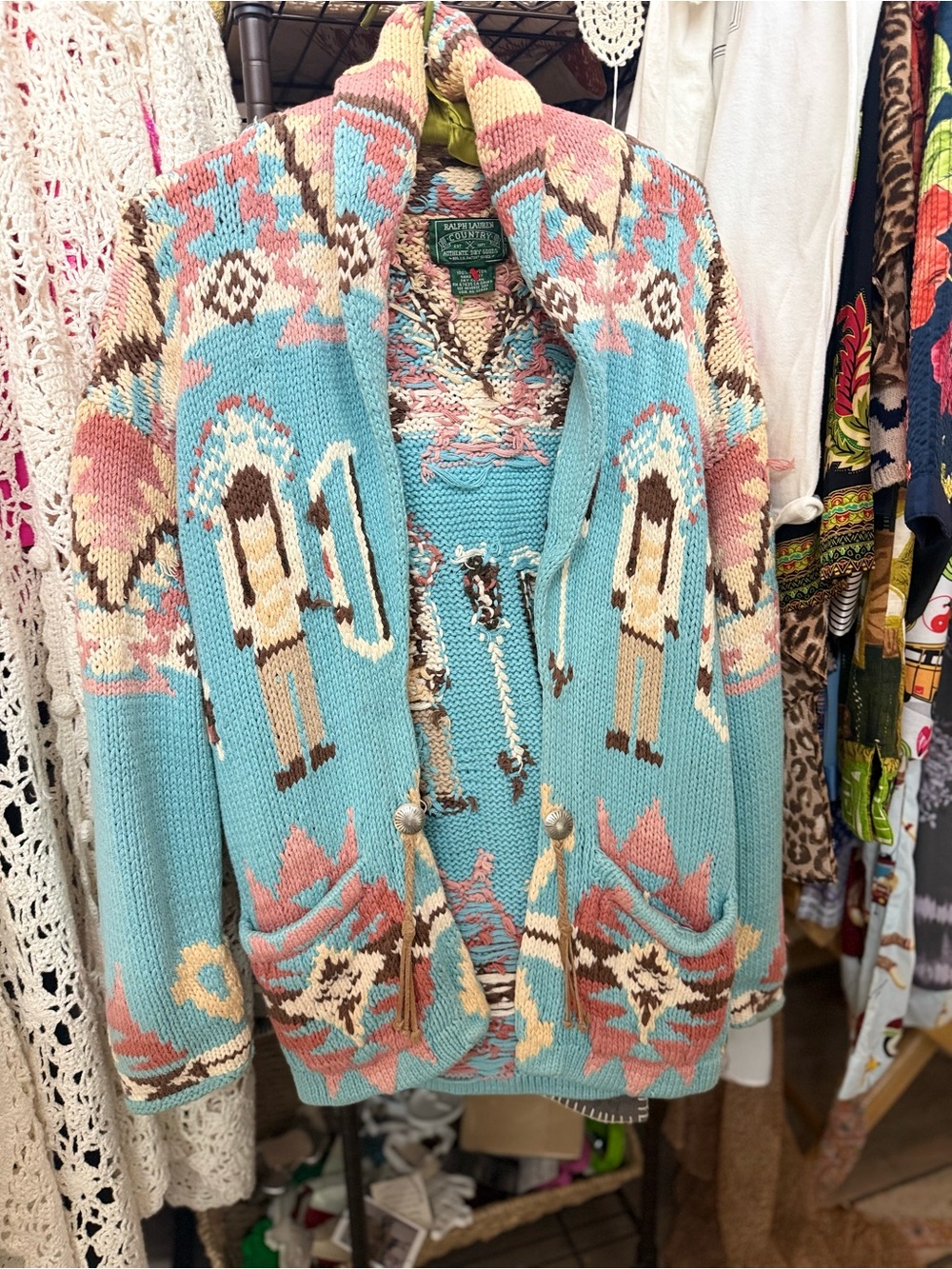 Ralph Lauren Light Blue Southwestern Motif Knit Cardigan - Picture 2 of 6